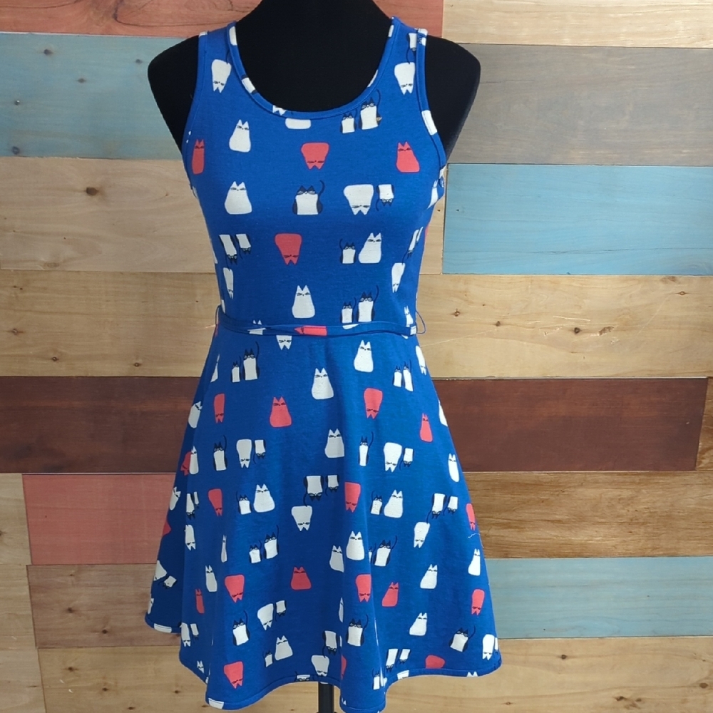 Blue Cat Print Sleeveless Dress